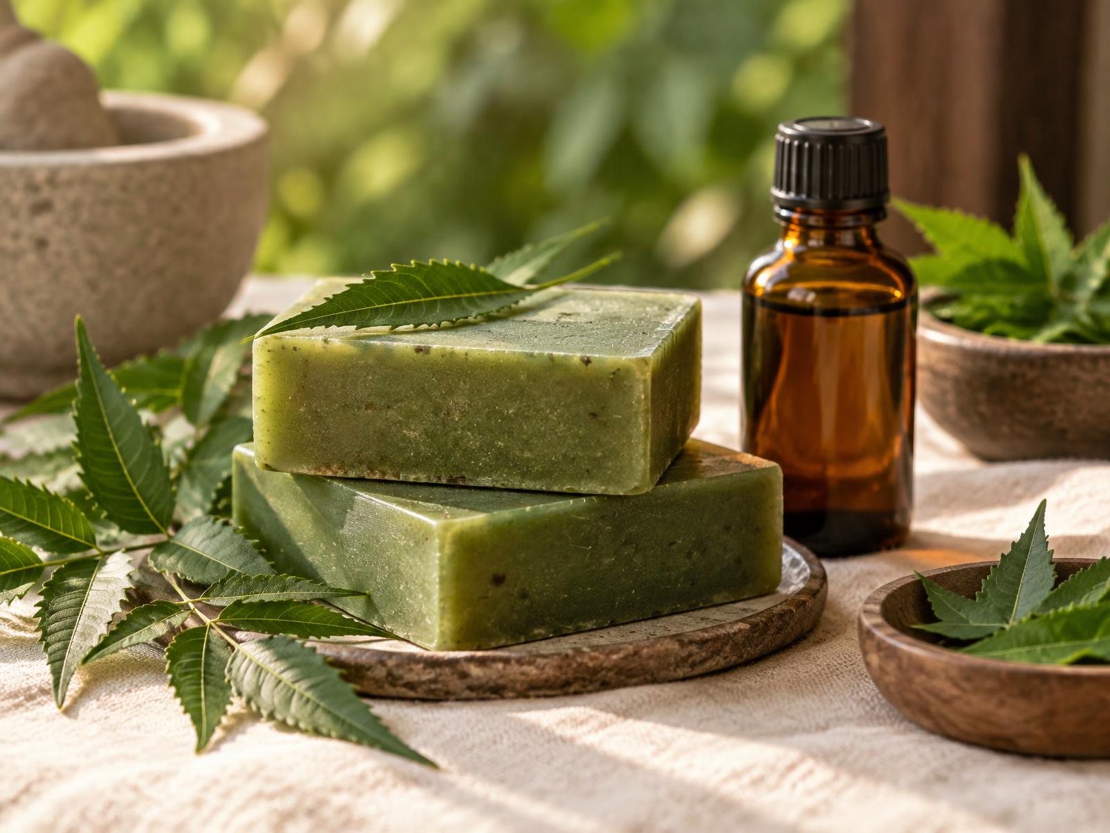 VEDOOM natural neem soaps with fresh neem leaves